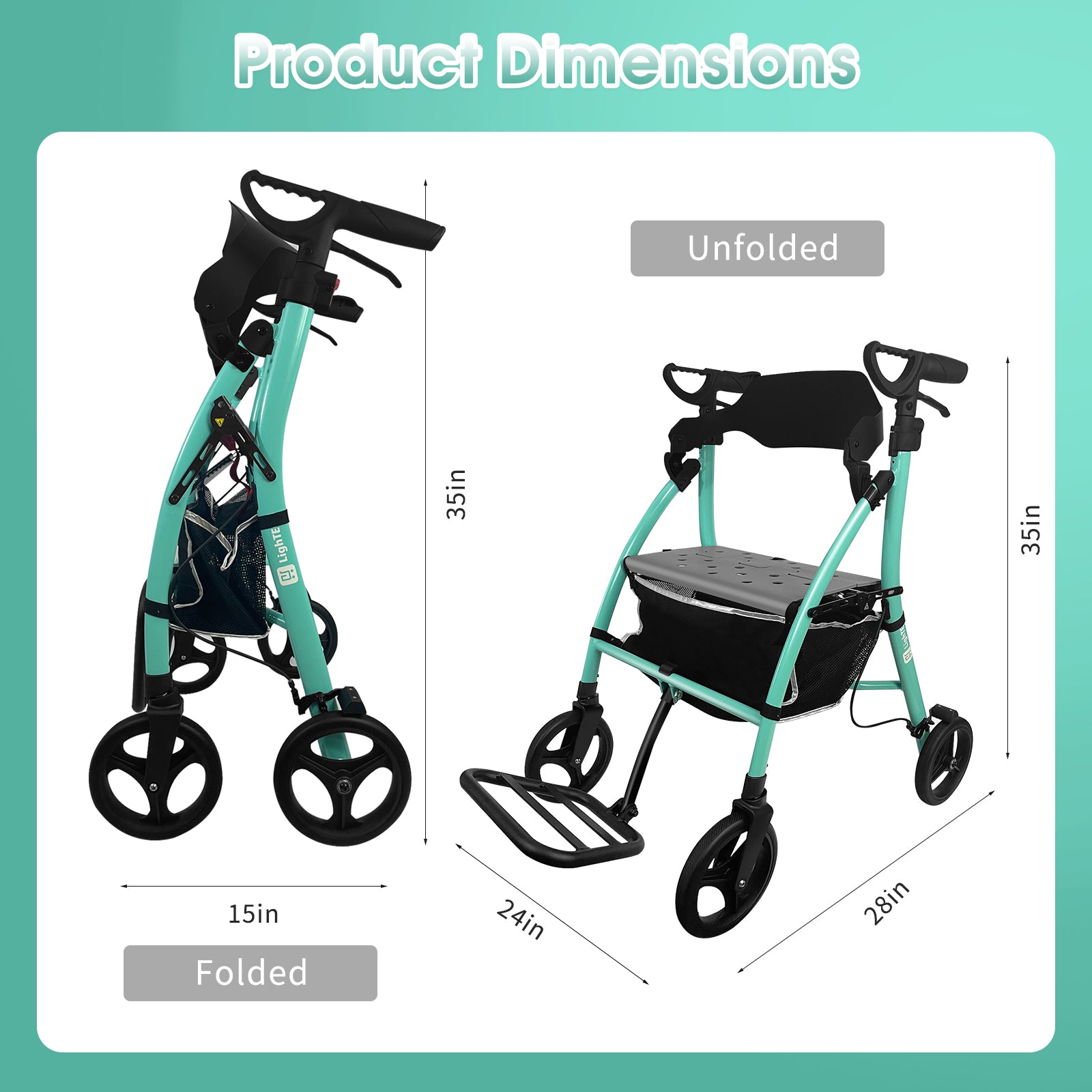 Lightech H4 Ultra Lightweight 2-in-1 Rollator Walker with Seat - Foldable Transport Wheelchair for Adults Seniors with Backrest & Footrest